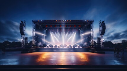 Vast concert stage illuminated with bright lights ready for an upcoming performance under a dramatic evening sky