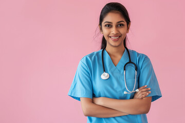 A woman in a blue scrubs shirt is smiling and holding a stethoscope