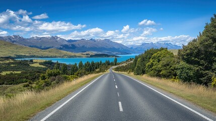 Fototapeta premium A scenic road leads toward a tranquil lake surrounded by mountains and lush greenery.