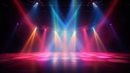 Vibrant Stage Background with Colorful Spotlights Illuminating the Floor for Live Performances and Events