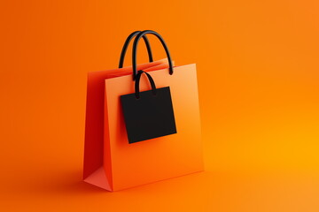 Vibrant orange shopping bag display retail store product photography minimalist environment eye-level view consumerism concept