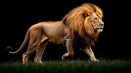 Obraz premium Majestic male lion walking on black background.