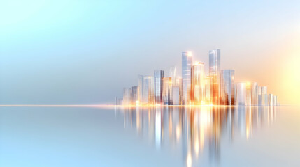 Picture of modern skyscrapers of a smart city, futuristic financial district with buildings and reflections , blue color background for corporate and business template with warm sun rays of light