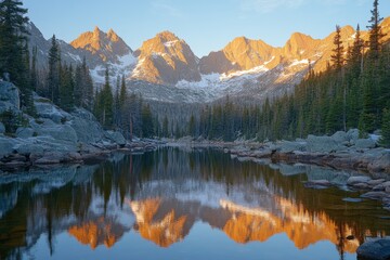 Fototapeta premium Autumn lake with golden trees and snowy mountain backdrop