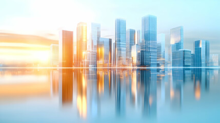Picture of modern skyscrapers of a smart city, futuristic financial district with buildings and reflections , blue color background for corporate and business template with warm sun rays of light