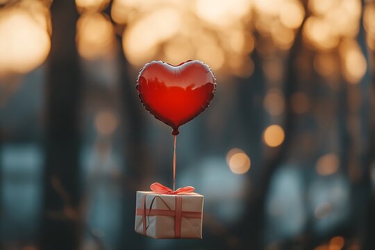 Red heart shaped balloon lifting gift box at sunset - Powered by Adobe