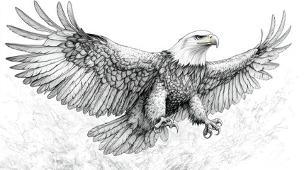 Fototapeta premium Majestic bald eagle in flight, detailed pencil sketch.