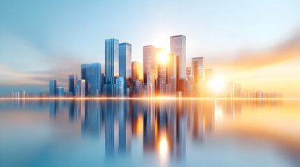 Obraz premium Picture of modern skyscrapers of a smart city, futuristic financial district with buildings and reflections , blue color background for corporate and business template with warm sun rays of light