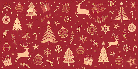 Christmas themed pattern with a vibrant red background and varaites chirstmas symbols