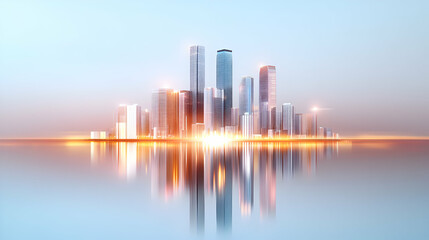 Fototapeta premium Picture of modern skyscrapers of a smart city, futuristic financial district with buildings and reflections , blue color background for corporate and business template with warm sun rays of light