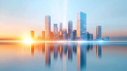 Fototapeta premium Picture of modern skyscrapers of a smart city, futuristic financial district with buildings and reflections , blue color background for corporate and business template with warm sun rays of light