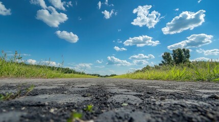 A scenic view of a gravel road under a bright blue sky with fluffy clouds.
