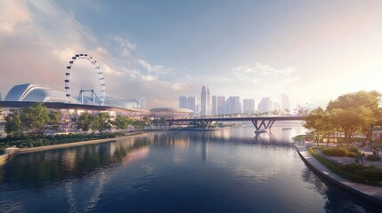 A scenic view of a modern city skyline with a river, bridge, and a ferris wheel.