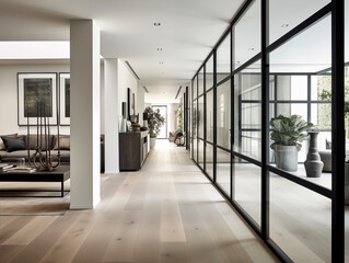 Modern minimalist hall with glass panels in black frames. Contemporary modern home hallway.