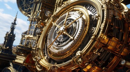 A close-up of clock gears in motion, showing the mechanical intricacies and metallic sheen.
