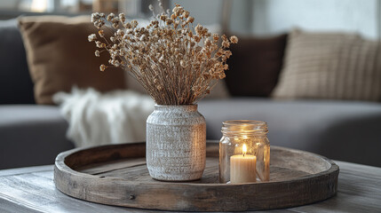 Rustic wooden tray with dried flowers and candle on table