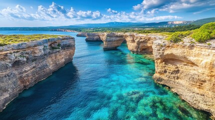Fototapeta premium Stunning Coastal Cliffs over Clear Blue Ocean in Beautiful Nature