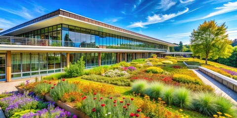 Obraz premium Eco-Friendly School Building with Green Roof: Landscape Photography of Sustainable Architecture, Nature Integration, Urban Greenery, Educational Facility, Eco-Conscious Design