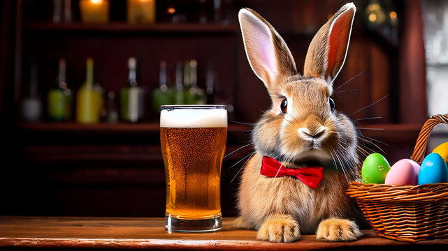 Easter bunny after egg hunt having a beer on pub bar counter with copy space