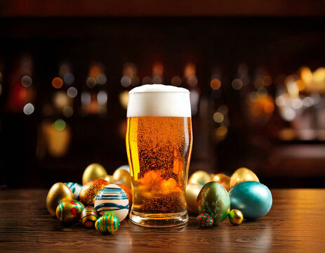 Pint glass of beer on the pub bar counter surrounded by easter eggs and copy space