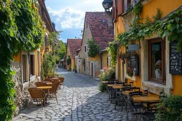 Charming outdoor cafe along a cobblestone path