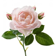 Delicate pink rose blooming, surrounded by soft buds and verdant foliage, resting on immaculate white background