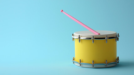 A yellow drum with a pink stick on top of it