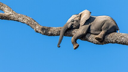 Baby elephant resting on a tree branch against a clear blue sky.