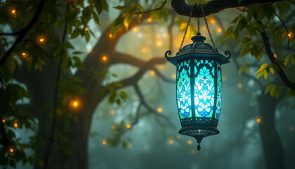 glowing turquoise lantern hanging peacefully in a misty forest with magical lights, dark background