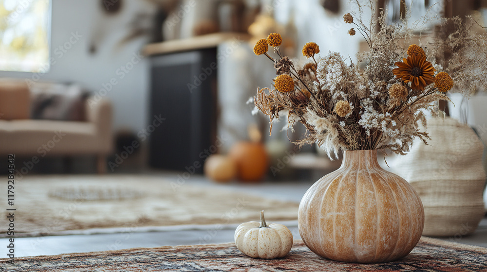 Poster Autumn themed living room with dried flowers and pumpkins