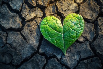 Heart-shaped green leaf on dry cracked soil symbolizing environmental sustainability