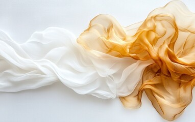 Elegant Draped White and Gold Silk Fabric Luxurious Texture Flowing Sheer Material Abstract