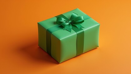 Obraz premium Green gift box with bow on orange background.
