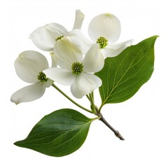 Obraz premium Flowering dogwood branch displaying pristine white blossoms and verdant leaves, framing elegant botanical details against clean white background