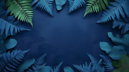 Green fern leaves bordering dark blue background creating copy space