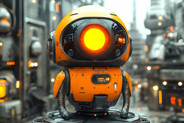 Fototapeta premium Small Orange Robot in Futuristic City Setting