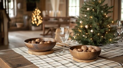 A cozy dining table setup with a plaid tablecloth, rustic wooden bowls, and a warm color palette.