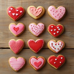 Fototapeta premium Heart-shaped Valentine’s cookies with pink and red decorations on wooden table