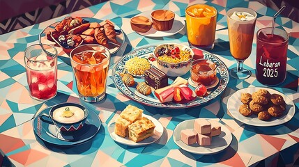 Festive table spread with assorted food and drinks.