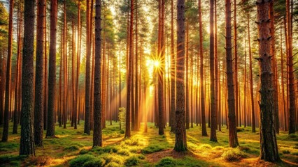 Fototapeta premium Enchanted Vintage Forest: Deep Pine Trees in Warm Brown Lighting - Nature's Serenity, Rustic Charm, and Timeless Beauty