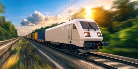 Naklejka premium Global Trade Dynamics logistics concept. A sleek freight train moves swiftly along tracks under a vibrant sunset, surrounded by lush greenery, showcasing the beauty of transportation.