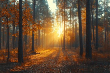 Fototapeta premium Autumn forest pathway lit by soft sunlight