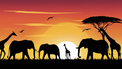 Savannah Sunset Silhouettes of wildlife like elephants and giraffes walking at sunset