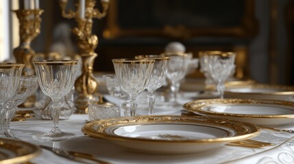 Fototapeta premium A dining table set for an elegant dinner, with gold-rimmed plates and crystal glasses.