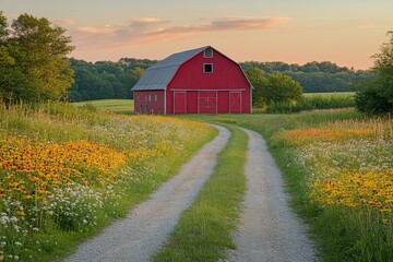 Dirt road winding through fields with a red barn