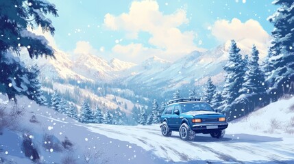 Blue SUV on a snowy forest road in winter mountains 