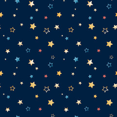 Cute little stars, seamless pattern. Little cute stars, yellow, pink and blue. Watercolor digital illustration. Children's clipart, pattern isolated on blue background.