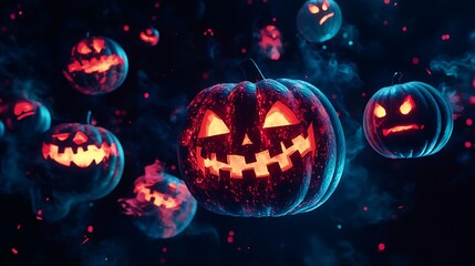 Glowing carved pumpkins float in spooky smoky air.
