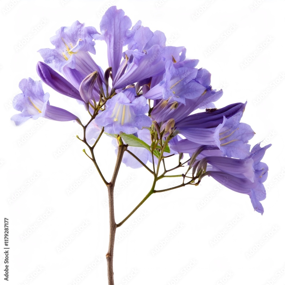 Poster Studio shot of a cut jacaranda branch featuring vibrant purple flowers, isolated against a pure white backdrop, creating a clean and elegant image