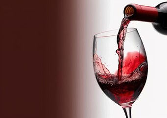 Red wine pouring into a glass from a bottle, creating a rich and vibrant red color against a dark brown background, perfect for depicting luxury, sophistication, and relaxation in fine dining 